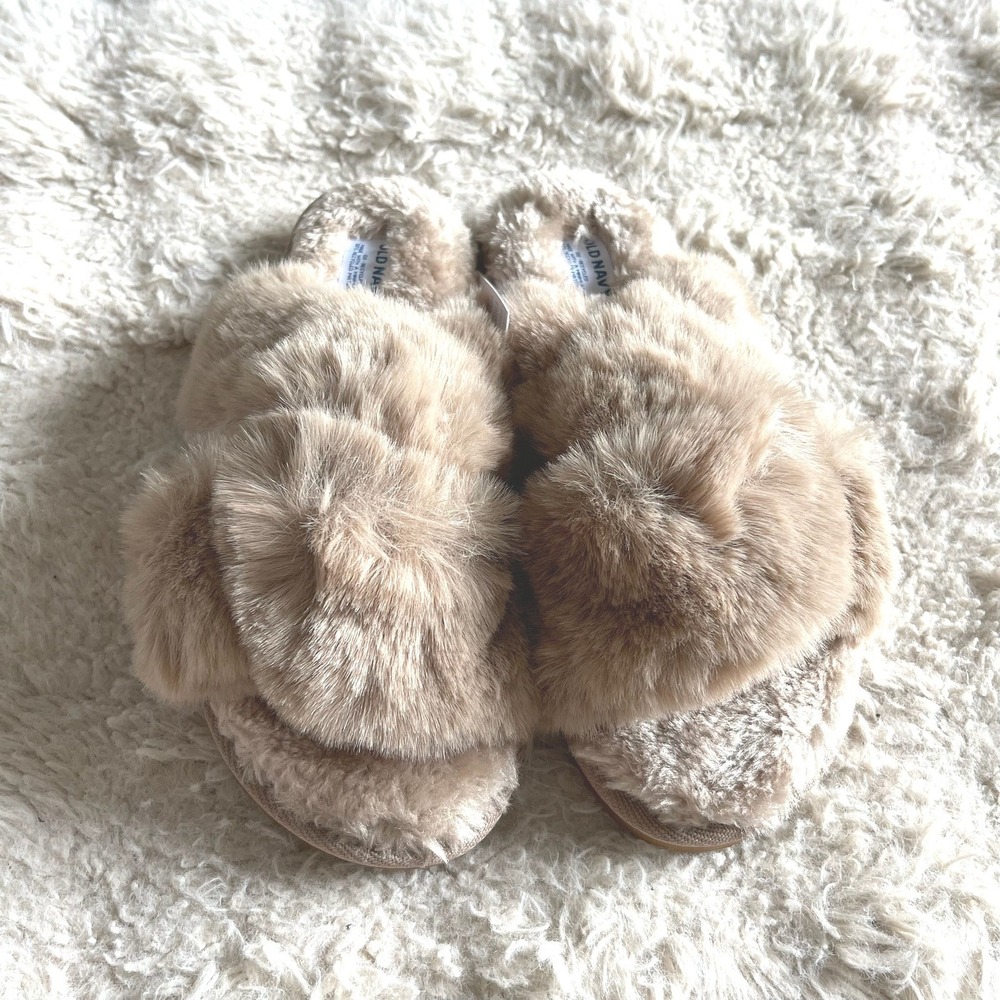 Old Navy Womens Tan Faux Fur Crisscross Slide Slippers Size Large 9-10 NEW